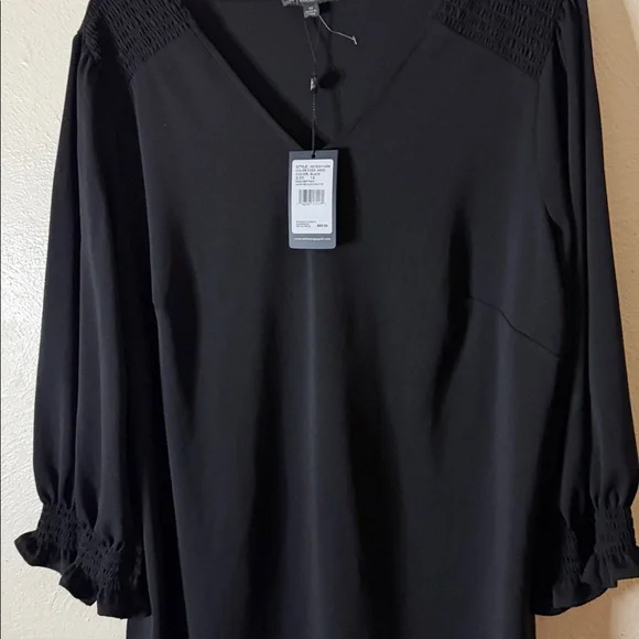Adrianna Papell Black Blouse with Smocked Sleeves - Picture 6 of 10